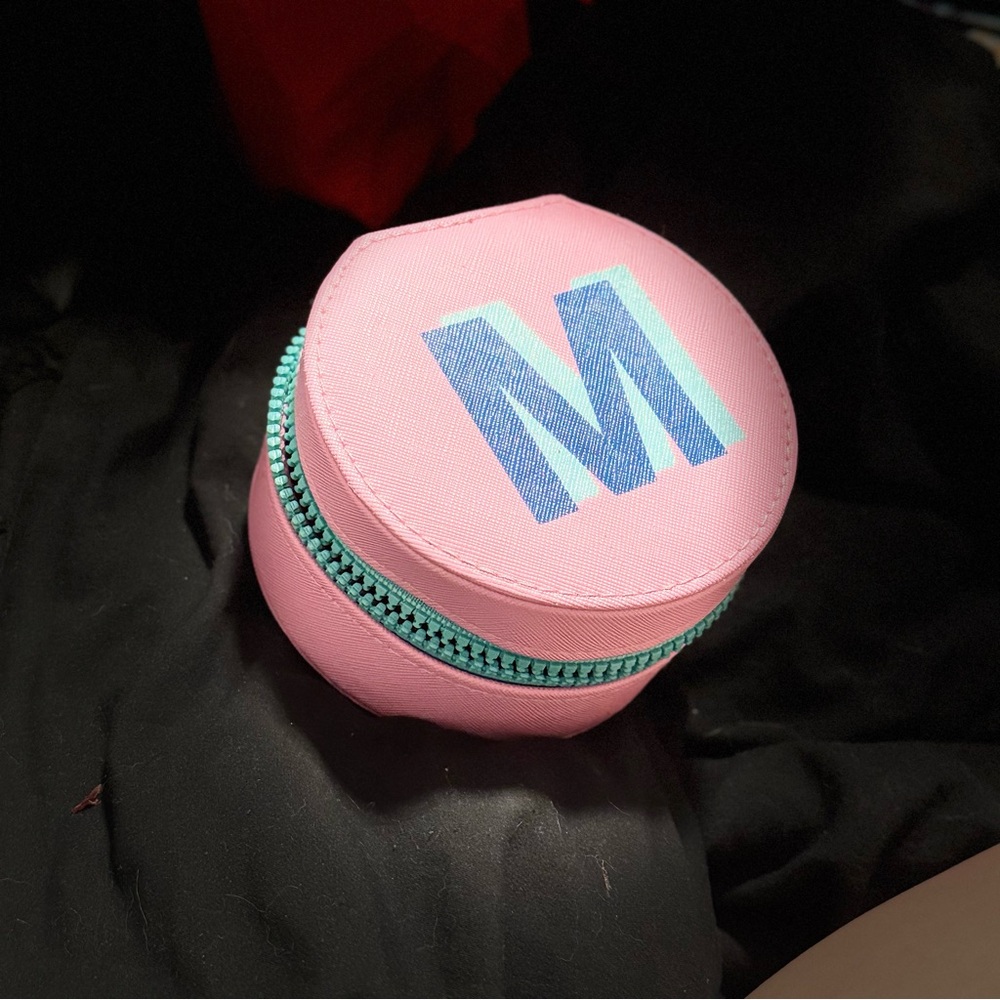 Pink Round Case with Blue Letter and Green Zipper